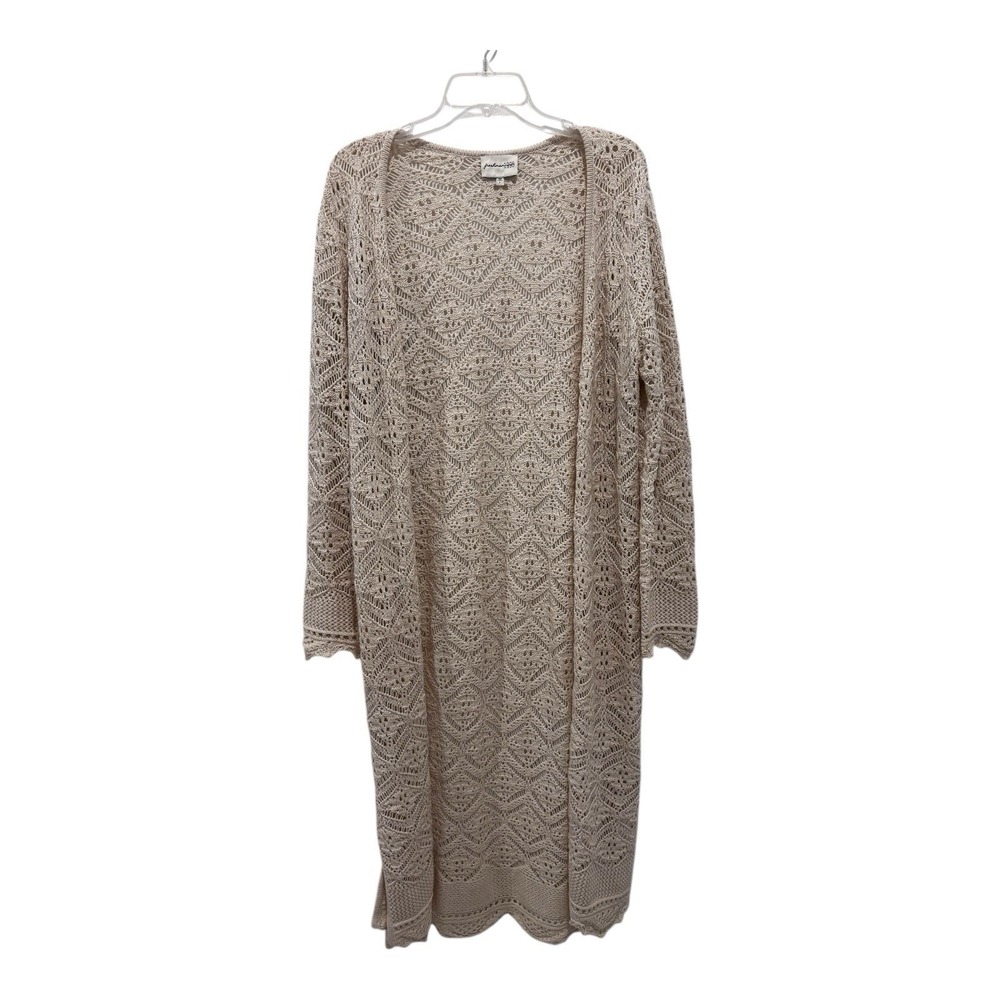 Freshman 1996 Duster‎ Jrs Large Open Front Crochet Long Cardigan Beige